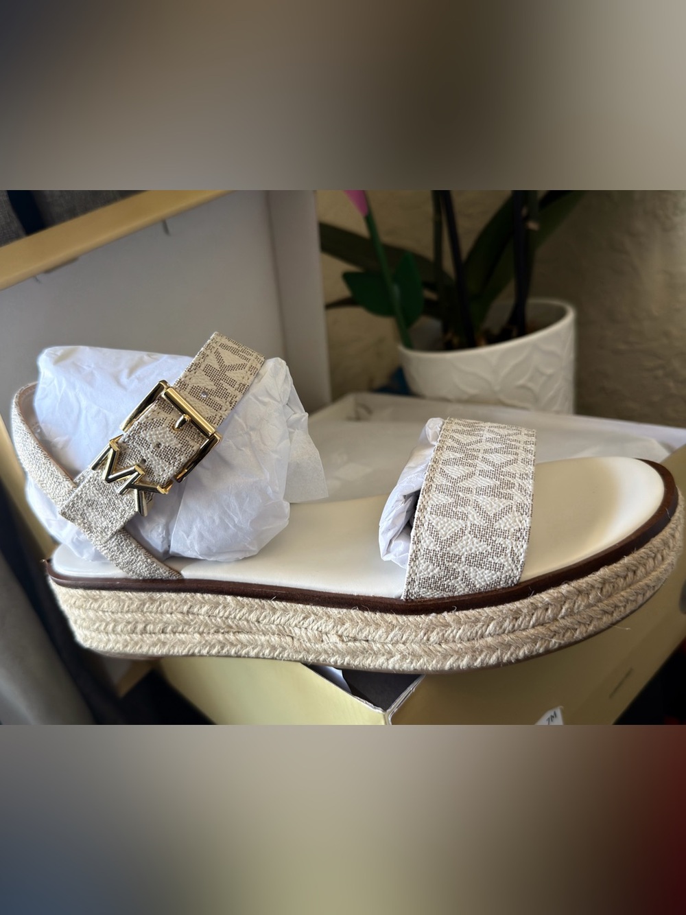 Michael Kors Beige Logo Espadrille Platform Sandal with Gold MK Buckle